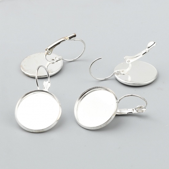 Picture of Iron Based Alloy Cabochon Settings Ear Clips Earrings Findings Round Silver Plated (Fit 18mm Dia.) 32mm x 20mm, Post/ Wire Size: (21 gauge), 1 Packet (Approx 10 PCs/Packet)