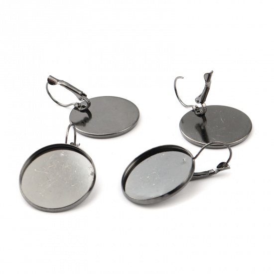 Picture of Iron Based Alloy Cabochon Settings Ear Clips Earrings Findings Round Gunmetal (Fit 25mm Dia.) 37mm x 27mm, Post/ Wire Size: (21 gauge), 1 Packet (Approx 10 PCs/Packet)