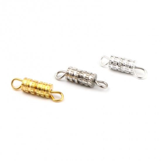 Picture of Copper Screw Clasps Necklace Bracelet Findings Cylinder Silver Plated Can Be Screwed Off 14mm x 4mm, 1 Packet (Approx 30 PCs/Packet)
