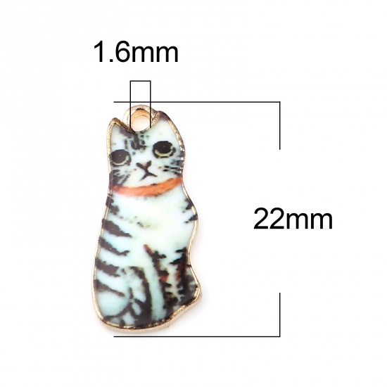 Picture of Zinc Based Alloy Charms Cat Animal Gold Plated Black & Creamy-White Enamel 22mm x 10mm, 10 PCs