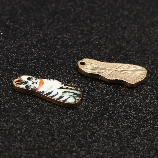 Picture of Zinc Based Alloy Charms Cat Animal Gold Plated Black & Creamy-White Enamel 22mm x 10mm, 10 PCs