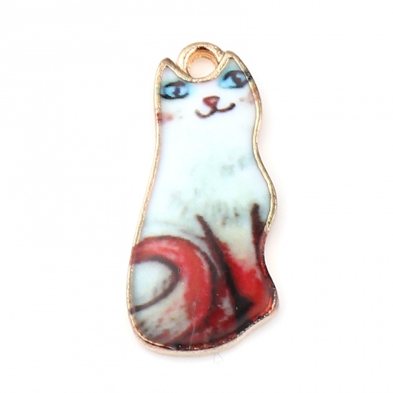 Picture of Zinc Based Alloy Charms Cat Animal Gold Plated White & Red Enamel 22mm x 10mm, 10 PCs