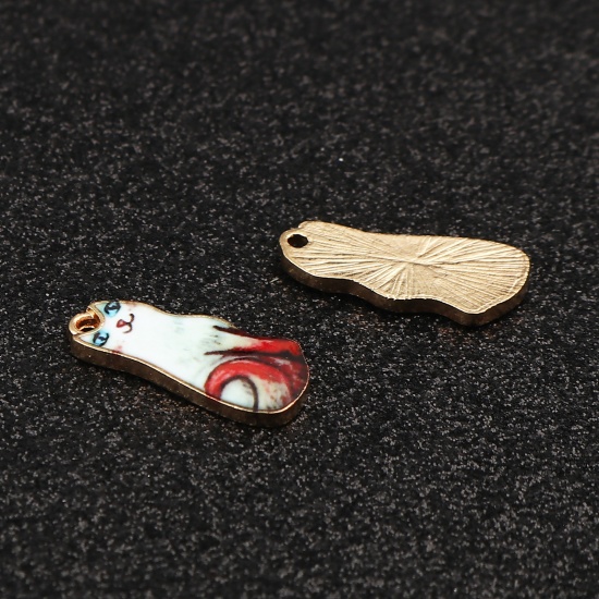 Picture of Zinc Based Alloy Charms Cat Animal Gold Plated White & Red Enamel 22mm x 10mm, 10 PCs
