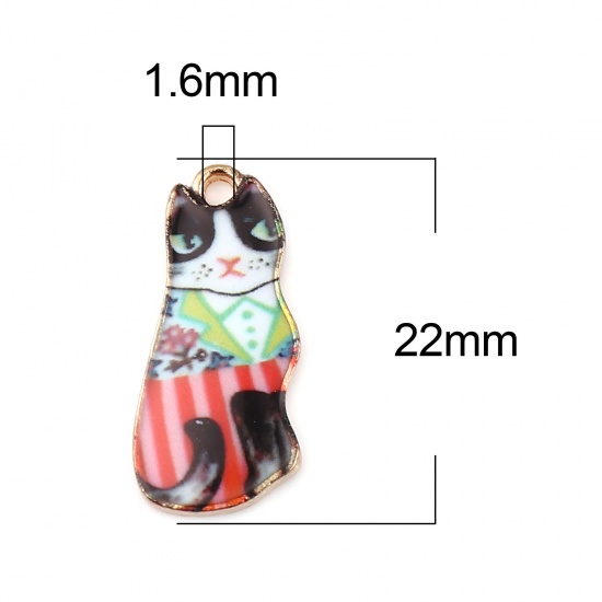 Picture of Zinc Based Alloy Charms Cat Animal Gold Plated Multicolor Enamel 22mm x 10mm, 10 PCs