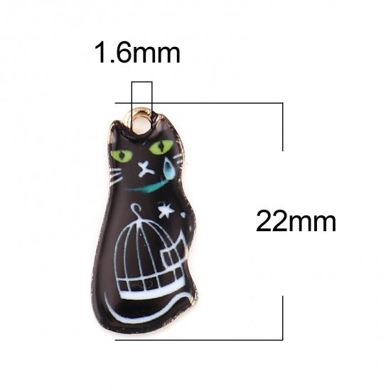Picture of Zinc Based Alloy Charms Cat Animal Gold Plated Black Enamel 22mm x 10mm, 10 PCs