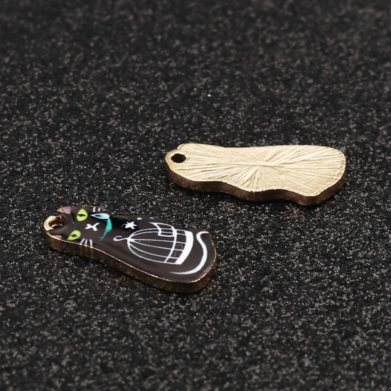 Picture of Zinc Based Alloy Charms Cat Animal Gold Plated Black Enamel 22mm x 10mm, 10 PCs