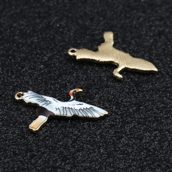 Picture of Zinc Based Alloy Charms Crane Gold Plated Gray Enamel 26mm x 20mm, 10 PCs
