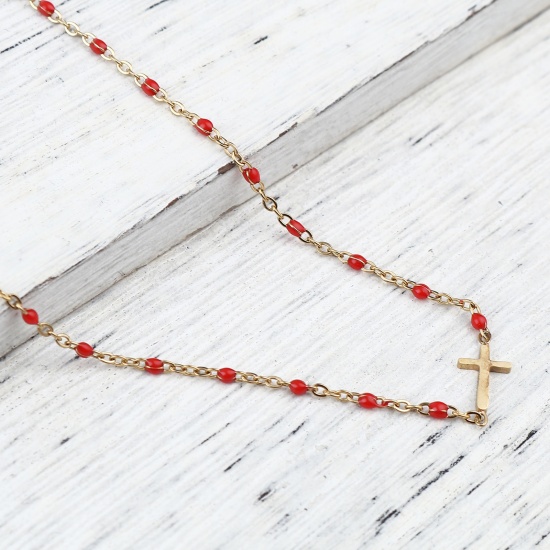 Picture of 304 Stainless Steel Religious Link Cable Chain Anklet Gold Plated Red Enamel Cross 23cm(9") long, 1 Piece