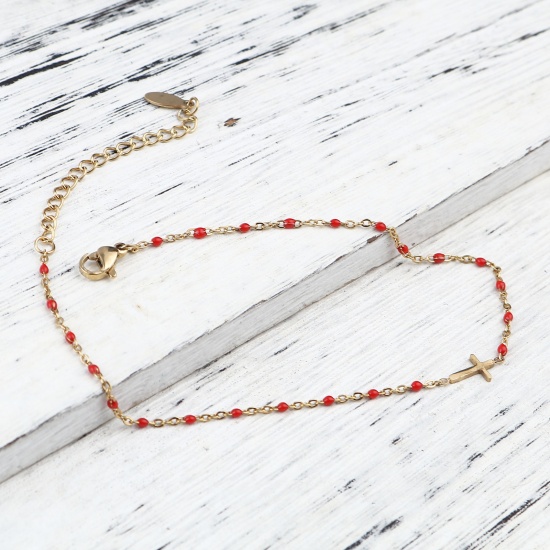 Picture of 304 Stainless Steel Religious Link Cable Chain Anklet Gold Plated Red Enamel Cross 23cm(9") long, 1 Piece