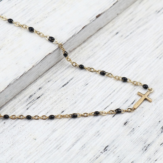 Picture of 304 Stainless Steel Religious Link Cable Chain Anklet Gold Plated Black Enamel Cross 23cm(9") long, 1 Piece