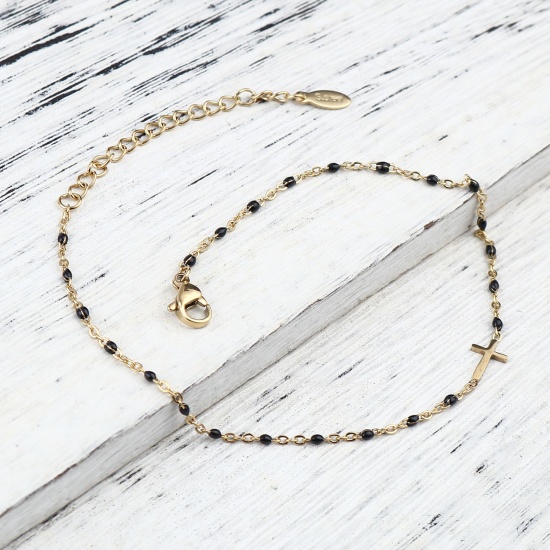 Picture of 304 Stainless Steel Religious Link Cable Chain Anklet Gold Plated Black Enamel Cross 23cm(9") long, 1 Piece