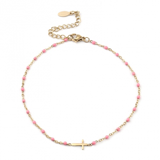 Picture of 304 Stainless Steel Religious Link Cable Chain Anklet Gold Plated Pink Enamel Cross 23cm(9") long, 1 Piece