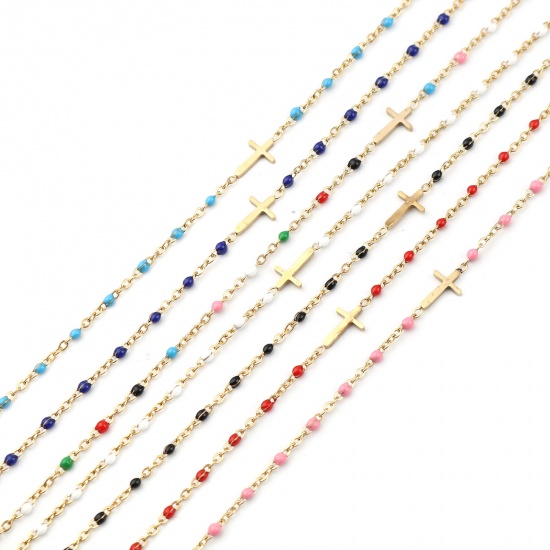 Picture of 304 Stainless Steel Religious Link Cable Chain Anklet Gold Plated Pink Enamel Cross 23cm(9") long, 1 Piece