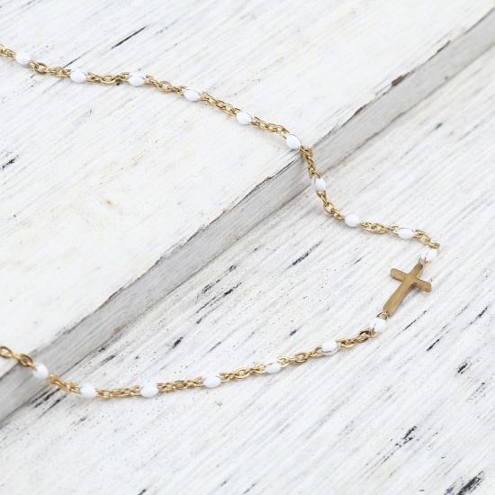 Picture of 304 Stainless Steel Religious Link Cable Chain Anklet Gold Plated White Enamel Cross 23cm(9") long, 1 Piece