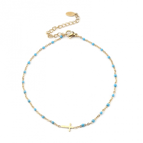 Picture of 304 Stainless Steel Religious Link Cable Chain Anklet Gold Plated Light Blue Enamel Cross 23cm(9") long, 1 Piece