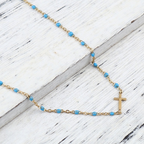 Picture of 304 Stainless Steel Religious Link Cable Chain Anklet Gold Plated Light Blue Enamel Cross 23cm(9") long, 1 Piece
