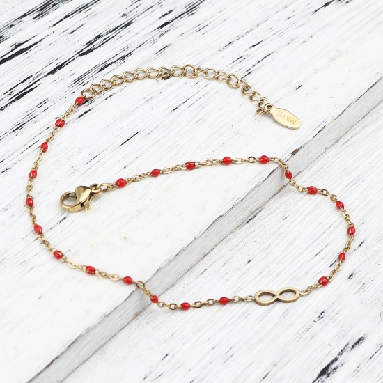 Picture of 304 Stainless Steel Stylish Link Cable Chain Anklet Gold Plated Red Enamel Infinity Symbol 23cm(9") long, 1 Piece