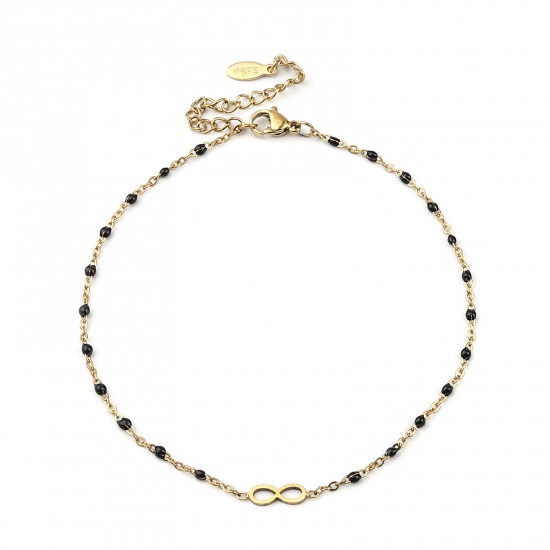 Picture of 304 Stainless Steel Stylish Link Cable Chain Anklet Gold Plated Black Enamel Infinity Symbol 23cm(9") long, 1 Piece