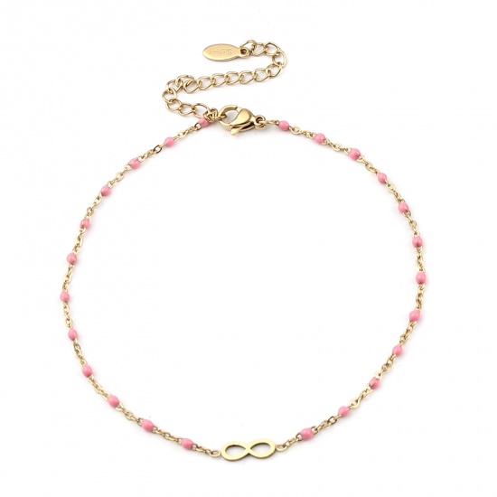 Picture of 304 Stainless Steel Stylish Link Cable Chain Anklet Gold Plated Pink Enamel Infinity Symbol 23cm(9") long, 1 Piece