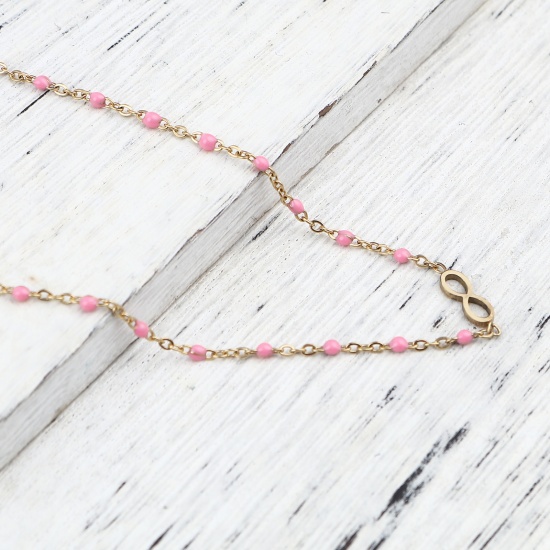 Picture of 304 Stainless Steel Stylish Link Cable Chain Anklet Gold Plated Pink Enamel Infinity Symbol 23cm(9") long, 1 Piece