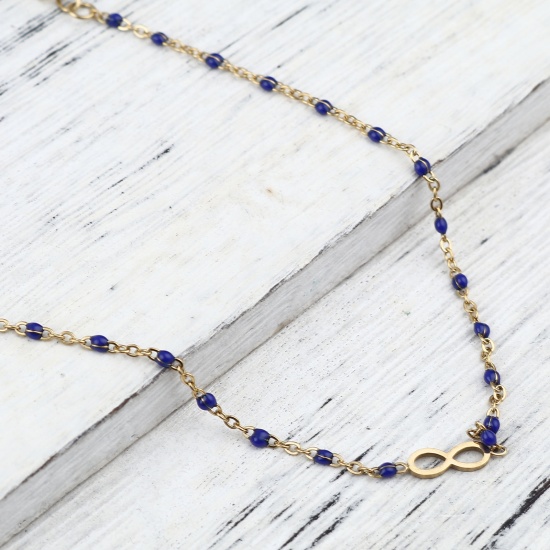 Picture of 304 Stainless Steel Stylish Link Cable Chain Anklet Gold Plated Royal Blue Enamel Infinity Symbol 23cm(9") long, 1 Piece