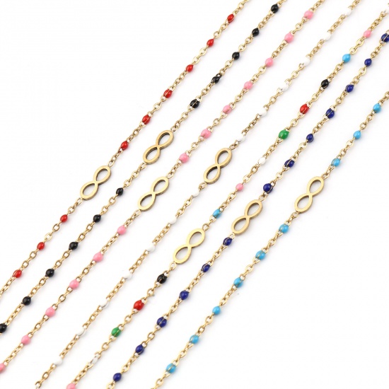 Picture of 304 Stainless Steel Stylish Link Cable Chain Anklet Gold Plated Royal Blue Enamel Infinity Symbol 23cm(9") long, 1 Piece