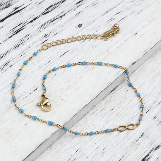 Picture of 304 Stainless Steel Stylish Link Cable Chain Anklet Gold Plated Light Blue Enamel Infinity Symbol 23cm(9") long, 1 Piece