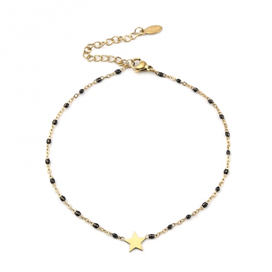 Picture of 304 Stainless Steel Galaxy Link Cable Chain Anklet Gold Plated Black Enamel Pentagram Star 23cm(9") long, 1 Piece