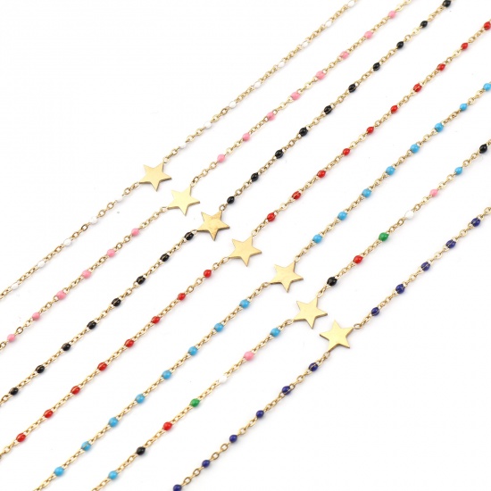 Picture of 304 Stainless Steel Galaxy Link Cable Chain Anklet Gold Plated Black Enamel Pentagram Star 23cm(9") long, 1 Piece