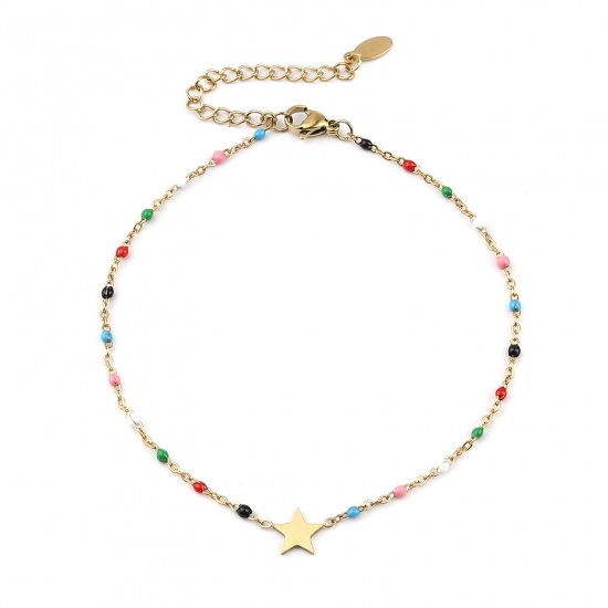 Picture of 304 Stainless Steel Galaxy Link Cable Chain Anklet Gold Plated Multicolor Enamel Pentagram Star 23cm(9") long, 1 Piece