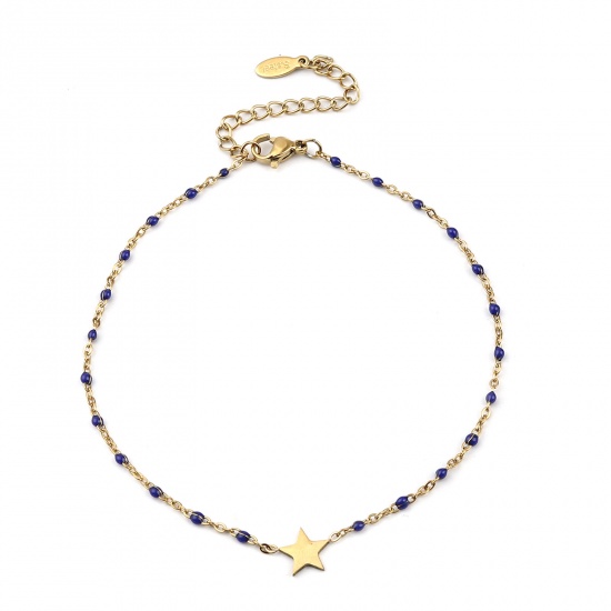 Picture of 304 Stainless Steel Galaxy Link Cable Chain Anklet Gold Plated Royal Blue Enamel Pentagram Star 23cm(9") long, 1 Piece