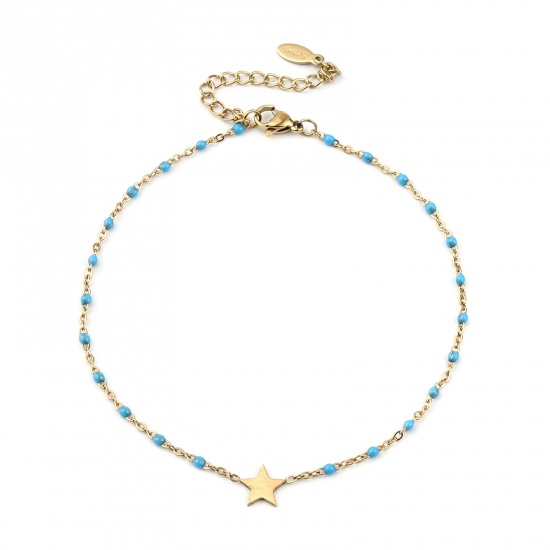 Picture of 304 Stainless Steel Galaxy Link Cable Chain Anklet Gold Plated Light Blue Enamel Pentagram Star 23cm(9") long, 1 Piece