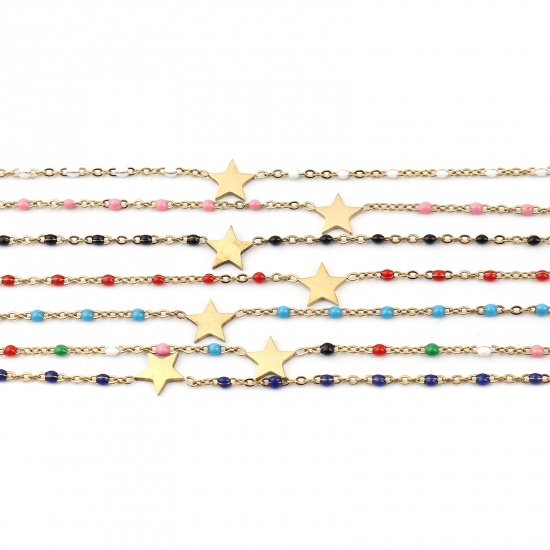 Picture of 304 Stainless Steel Galaxy Link Cable Chain Anklet Gold Plated Light Blue Enamel Pentagram Star 23cm(9") long, 1 Piece