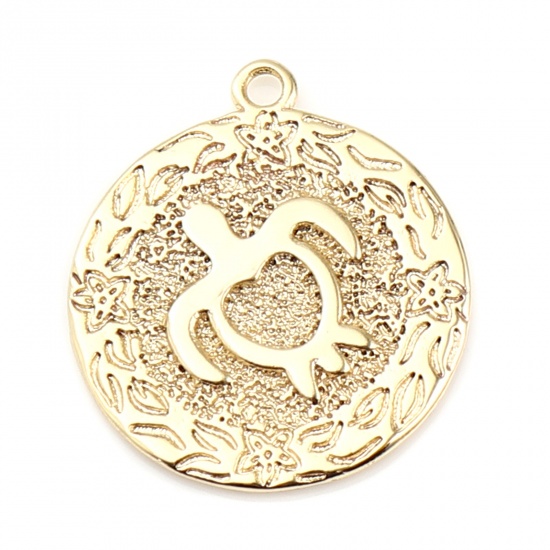 Picture of Brass Ocean Jewelry Charms 18K Real Gold Plated Sea Turtle Animal Round Disc 20mm x 17mm, 3 PCs