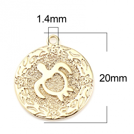 Picture of Brass Ocean Jewelry Charms 18K Real Gold Plated Sea Turtle Animal Round Disc 20mm x 17mm, 3 PCs