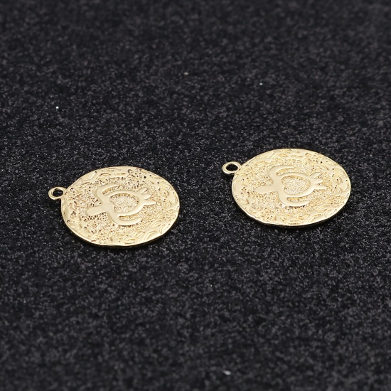 Picture of Brass Ocean Jewelry Charms 18K Real Gold Plated Sea Turtle Animal Round Disc 20mm x 17mm, 3 PCs