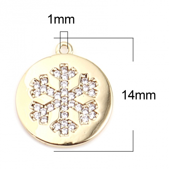 Picture of Brass Christmas Charms 18K Real Gold Plated Round Snowflake Micro Pave Clear Rhinestone 14mm x 12mm, 1 Piece                                                                                                                                                  