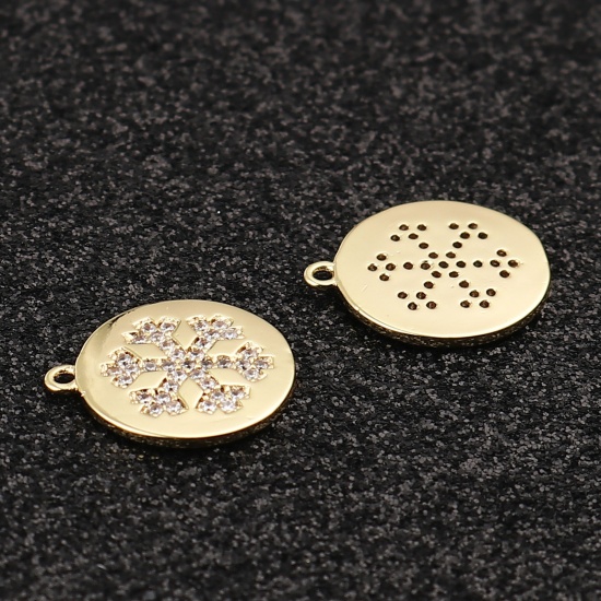 Picture of Brass Christmas Charms 18K Real Gold Plated Round Snowflake Micro Pave Clear Rhinestone 14mm x 12mm, 1 Piece                                                                                                                                                  