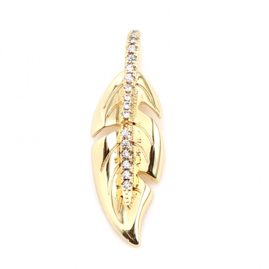 Picture of Brass Micro Pave Charms 18K Real Gold Plated Feather Clear Rhinestone 24mm x 8mm, 2 PCs                                                                                                                                                                       