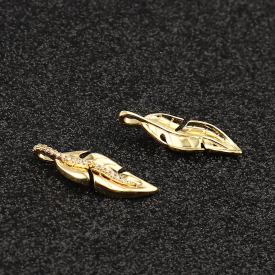 Picture of Copper Micro Pave Charms 18K Real Gold Plated Feather Clear Rhinestone 24mm x 8mm, 2 PCs