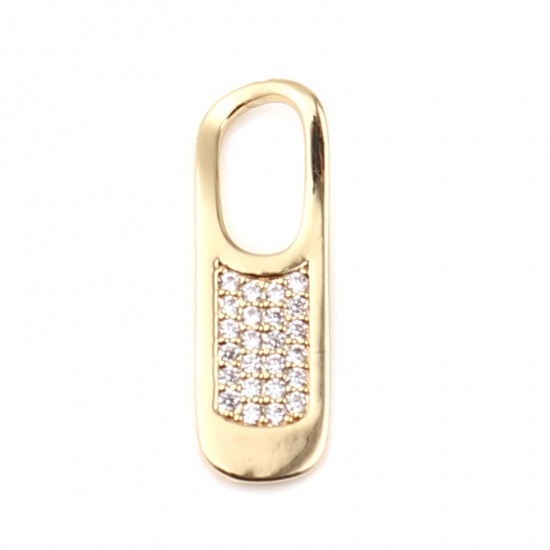 Picture of Brass Micro Pave Charms 18K Real Gold Plated Oval Clear Rhinestone 23mm x 7mm, 2 PCs                                                                                                                                                                          