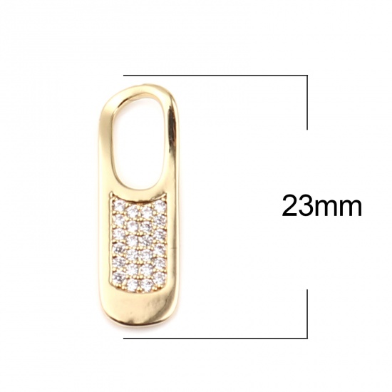 Picture of Brass Micro Pave Charms 18K Real Gold Plated Oval Clear Rhinestone 23mm x 7mm, 2 PCs                                                                                                                                                                          