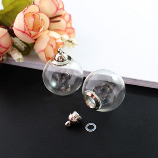 Bild von Zum Abschrauben Zinklegierung Glaskugel Flasche Für Ohrring Ring Halskette Wunschflasche Silberfarbe Transparent 16mm D., 1 Set