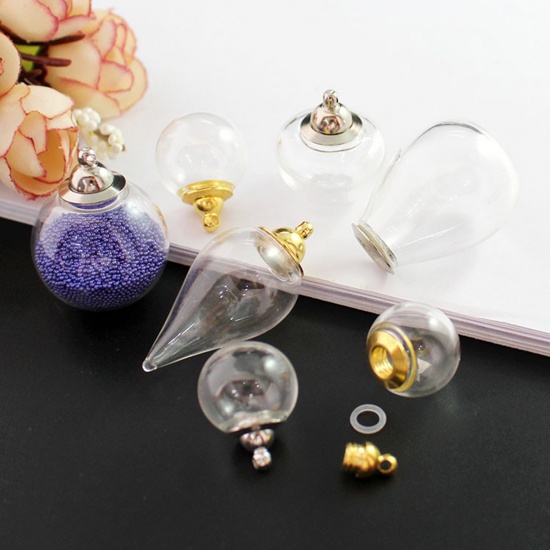 Bild von Zum Abschrauben Zinklegierung Glaskugel Flasche Für Ohrring Ring Halskette Wunschflasche Silberfarbe Transparent 20mm D., 1 Set