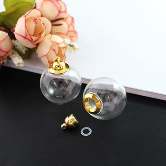 Picture of Zinc Based Alloy Glass Miniature Globe Bubble Bottle Vial For Earring Ring Necklace Wish Bottle Gold Plated Transparent Clear Can Be Screwed Off 20mm Dia., 1 Set