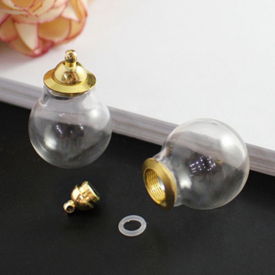 Bild von Zum Abschrauben Zinklegierung Glaskugel Flasche Für Ohrring Ring Halskette Wunschflasche Vergoldet Transparent 30mm x 20mm, 1 Set