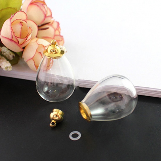 Bild von Zum Abschrauben Zinklegierung Glaskugel Flasche Für Ohrring Ring Halskette Wunschflasche Vergoldet Transparent Tropfen 37mm x 23mm, 1 Set