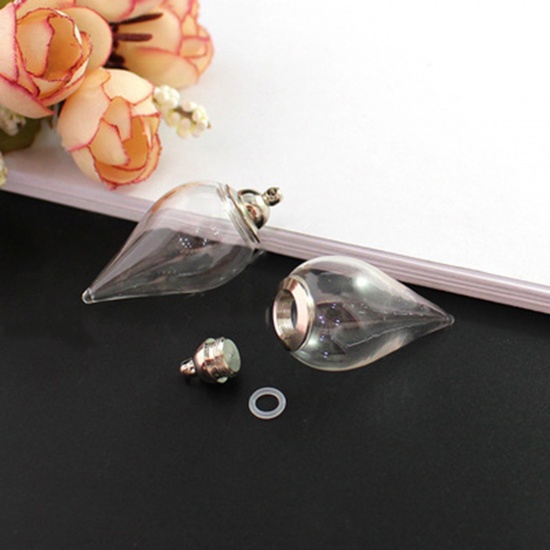 Picture of Zinc Based Alloy Glass Miniature Globe Bubble Bottle Vial For Earring Ring Necklace Wish Bottle Silver Tone Transparent Clear Drop Can Be Screwed Off 40mm x 24mm, 1 Set