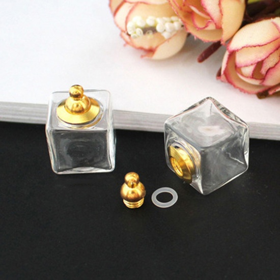 Bild von Zum Abschrauben Zinklegierung Glaskugel Flasche Für Ohrring Ring Halskette Wunschflasche Vergoldet Transparent Quadrat 15mm x 15mm, 1 Set