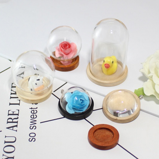 Picture of Wood Glass Miniature Globe Bubble Bottle Vial For Earring Ring Necklace Wish Bottle Coffee 45mm x 30mm, 1 Set ( 2 PCs/Set)